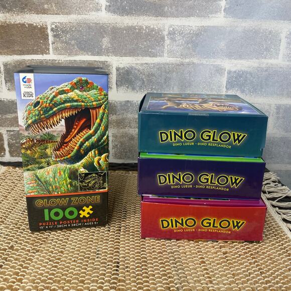 Four Puzzles Dino Glow Zone 100 piece puzzles Glow in the dark 2 New and 2 used - Picture 2 of 10
